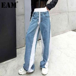 [Eam] Hög midja bredben blå denim spliced ​​burr jeans lösa passform kvinnor byxor mode våren hösten 1dd6379 21512