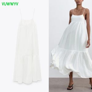 夏のドレスの白いパッチワークの背中の女性ビンテージ薄いストラップMidiの女性バック縛られたプリーツ裾の獣姦210430