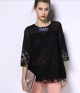 O Neck M-5XL Sommar Kvinnors Lace Shirts Svart Röd Broderi Blusströja Plus Storlek Chiffon Kvinnor Ruffle 880A 210420