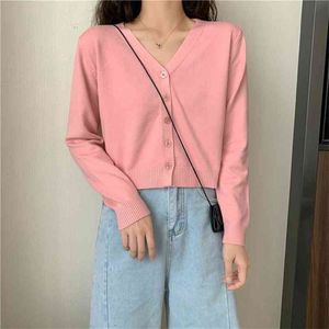 Pink Cardigan Womens Long Sleeve Cropped Sweater Fashion Knitted Clothing Solf V-neck Tops Green 210922