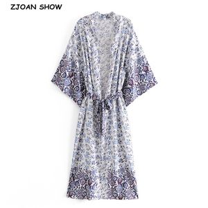 Böhmen V Neck Blomma Print Maxi Lång Kimono Skjorta Etniska Kvinnor Lacing Up Tie Bow Sashes Cardigan Boho Loose Blouse Toppar 210429