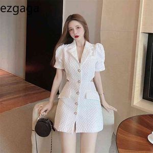 Ezgaga Patchwork Dress Women Puff Short Sleeve Hollow Out Lapel Single-breasted Solid Korean Fashion Chic High Waist Summer New 210430