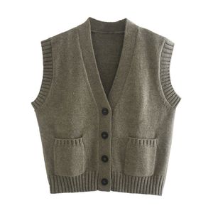 BLSQR Women Sweet Pockets Knitted Waistcoat Fashion V Neck Button Female Vest Sweater Chic Tops 210430