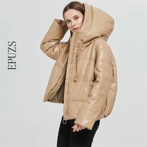 Winter jacket women tick wram PU leather parkas coat Streetwear punk black hooded korean winter coats 210521