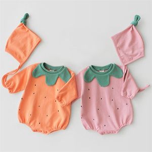 Spring Baby Girl Boy Rompers Long Sleeve Jumpsuit + Hat Clothes Cute Pumpkin Modelling 210521