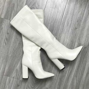 Jesień buty zimowe kobiety kolano wysokie chunky obcasy szpiczaste palec buty kobieta beżowa czarna długa 211217