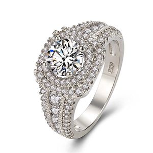 Corte redondo 4-prong configuração de casamento mulheres anel banda 18k ouro branco cheia halo cristal crystal fashion presente