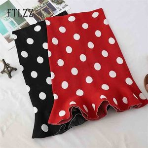 İlkbahar Sonbahar Vintage Polka Dot Etek Kadın Fırfır Wrap Moda Bayanlar Orta Uzun Örme Siyah S 210525