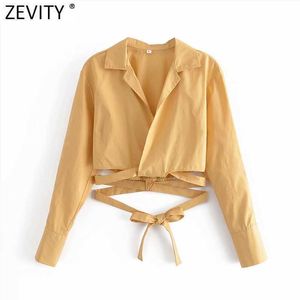 Zevity Frauen Kreuz V-ausschnitt Solide Saum Gebunden Design Kurze Kittel Bluse Weibliche Langarm Kimono Shirts Chic Crop Blusas tops LS9252 210603