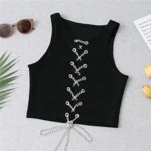 Evfer Spring Summer Fashion Sexy Lady Front Chain Drawstring Knitted Short Vest Women Stylish O-Neck Sleeveless Black Tops Chic 210421