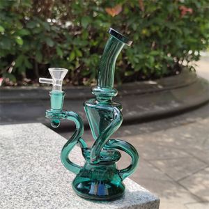 2021 Shisha Bong Glas Dab Rig Multi Color Peacork Green Recyler Wasserbongs Rauchrohre 9 Zoll Höhe 14,4 mm Innengewinde mit Quarzknaller