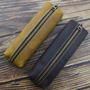Pencil Bags Handmade Genuine Leather Case Retro Personality Cowhide Pen Storage Bag Zipper Stationery Holder Office School Supplies