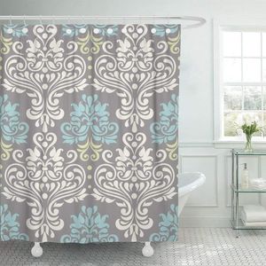 Shower Curtains Blue Modern Floral Colorful Damask Pattern Swirl Abstract Border Curtain Waterproof Polyester Fabric 72 X 78 Inches Set