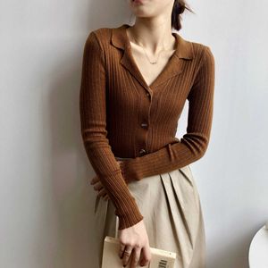Autumn Solid Turn-down Collar Long-Sleeved Bottoming Shirt Slim-Fit Knitted Sweater Cardigan Female P816 210607