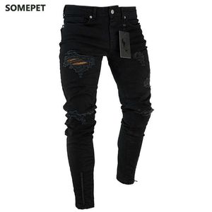Черные растягивающиеся худые подходит нижняя молния джинсы мужчин колено разорванные огорченные отверстия байкер джинсы брюки хип-хоп улица большой размер xxxl x0621