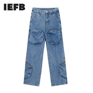 IEFBハイストリートルースワイドレッグストレートジーンズメンズメンズヒップホップズボン服服ビッグポケットウォッシュパパデニムパンツ9Y7287 210524