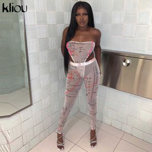 Kliou carta impressa casual dois pedaços conjuntos mulheres 2021 estilo rua sexy strapless bodysuit e calças de cintura alta co-ord set hot y0625