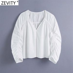 Kadın V Boyun Pileli Tasarım Casual Beyaz Smock Bluz Kadın Üç Çeyrek Kol Kısa Gömlek Chic Blusas Tops LS9143 210416