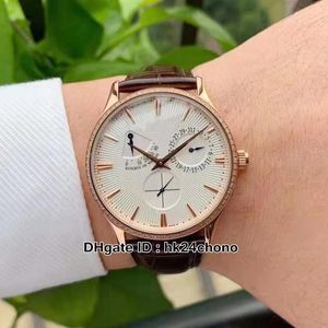 43mm Meister ultra dünngroßreserve 1372501 Herren Automatische Uhr Diamant Blende White Dial Rose Gold Fall Herren Sportuhren Brauner Lederarmband