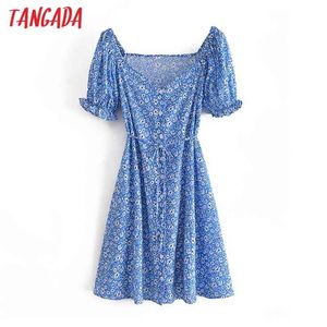 タンガダの女性の青い花のプリント夏のビーチのドレスパフ半袖レディースVestidos 3a151 210623