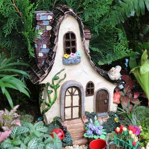 フェアリーハウス大型の素朴なミニチュアガーデンヴィラコテージレジン妖精ガーデンの装飾ミニチュアウッドランドGnome Hut House住居210727