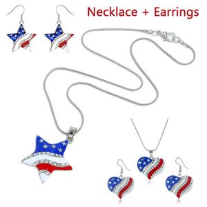 Днем независимости Ювелирные Изделия Американский флаг 4 июля Ожерелье Серьги болтается Серьги Сердце Пентаграмма Подвесной подарок для женщин Девушки Q0709