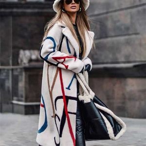 Höst vinterbland ullkvinnor Lång Cardigan Toppscasual Sleeve Loose Outwear Coat Fashion Lady Print Lapel Overcoat Jacka 211019