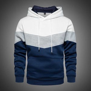 Felpe con cappuccio patchwork da uomo Autunno Inverno Felpe con cappuccio pullover spesse Street Wear Camicia sportiva Felpa con maniche lunghe Tasca canguro 210603