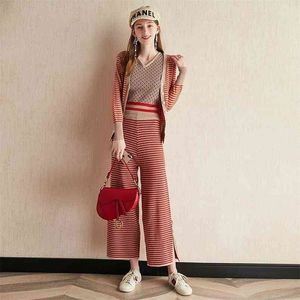 Autumn Winter Women Set Knitted Single Breasted Cardigan & Sexy Short Vest Wide Leg Long Pants Suits Sweater 3 Piece 210514