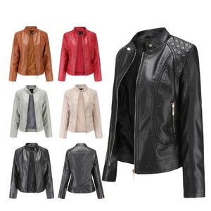 PU Leather Jacket Women Fashion Casual Standing Neck Zipper Slim Leather Motorcycle Jackets Autumn Winter Office Lady Soft Coats 210507