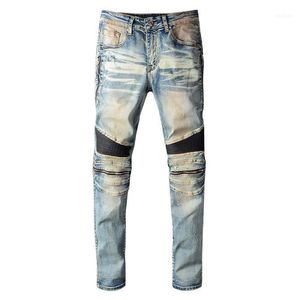 Men's Jeans PU Leather Patchwork Biker Knee Zippers Retro Light Blue Stretch Denim Slim Pants Mens Skinny Jeans1