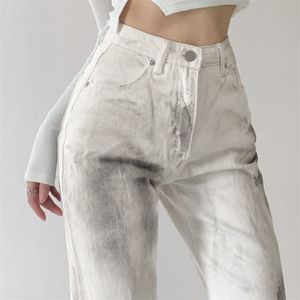 Kvinnors jeans sommar hajuku slips färgämne utskrift lös mode bredben långa byxor rakt baggy denim byxa streetwear 211104