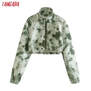 Women Green Tie Dyed Print Zipper Crop Hoodie Sweatshirts Long Sleeve Ladies Pullovers Tops QD16 210416