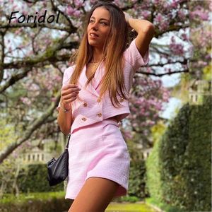 Foridol Tweed Tweed Calções Pink Conjuntos Primavera Outono Blazer Bonito Dois Peças Suits Mulheres Roupas Senhoras Senhoras Conjuntos de Correspondência Q0527