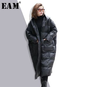 [EAM]冬のフード付き長袖ソリッドカラーブラックコットンパッド入り暖かい緩い緩い大きさのジャケット女性パーカーファッションJD12101 211018