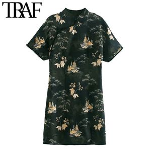 Women Chic Fashion With Toggles Floral Print Mini Dress Vintage High Neck Short Sleeve Female Dresses Mujer 210507