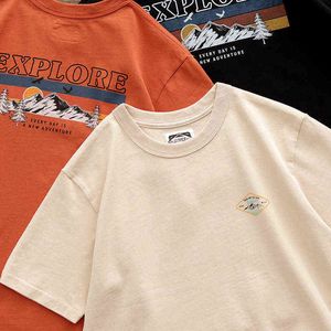 Japanisches Vintage-T-Shirt aus 250 g reiner Baumwolle für Männer, Sommer-Eisberg-Druck, schwere gewaschene Pullover, kurze Ärmel für Männer, H1218