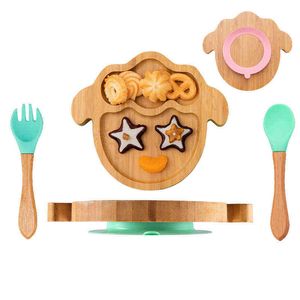 Custom Baby Tableware Feeding Bowls Sheep Plates Natural Bamboo Suction Bowl with Silicone Spoon Set Fits Most Children's Dishes G1210