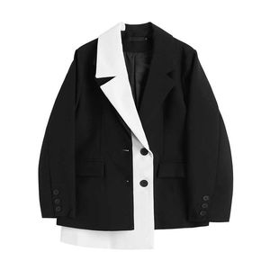 [EWQ] Yaz Kore Chic Casual Paltolar Moda Siyah Ve Beyaz Düzensiz Kontrast Renk Gevşek Takım Elbise Kadın Blazer 2021 16W1063 x0721