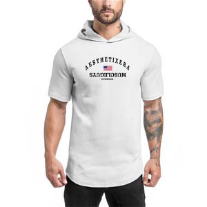 Muscleguys Marca Fitness Mens Hooded T Shirt Streetwear Bodybuilding Curto Manga Curta Camiseta Slim Fit Tshirt Ginásios Camiseta 210421