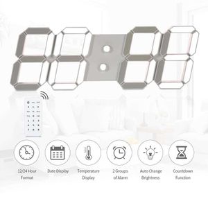 Grande tamanho LED Relógio de parede digital com controle remoto 12/24 hora modo para sala de casa decoração EU plugue branco shell whit luz 210724