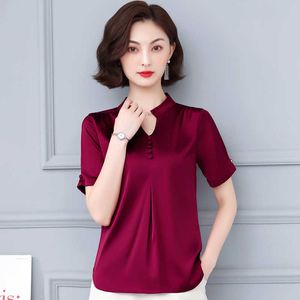 Summer Korean Fashion Silk Women Blouses Satin Solid s Tops and Plus Size 4XL Pink Short Sleeve Shirts 210531