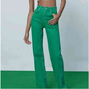 春の秋の女性のファッションジーンズは薄くてハイウエストストレートブライトイエローグリーンジーンズドロップ211129