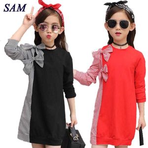 2020 Autumn Fashion Big Girls Dress Children's Bow Tie Stitching Striped Shirt Long Sleeve Dresses Kids Cute Clothes Q0716