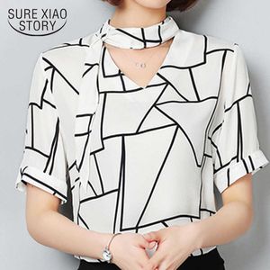 Womens tops and blouses short sleeve tops v collar white striped black chiffon blouse shirt female women shirts 3020 50 210527