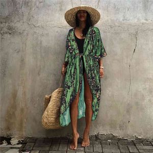 Bikini Cover-ups Black Retro Striped Self Belted Women Summer Kimono Dress Beach Wear Swim Suit Cover Up A1268 210420