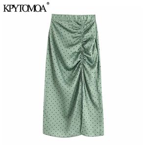 Vintage Elegancki Polka Dot Plised Midi Spódnica Kobiety Moda Elastyczna Talia Strona Zipper Slit Silit Skirts Chic Faldas Mujer 210724
