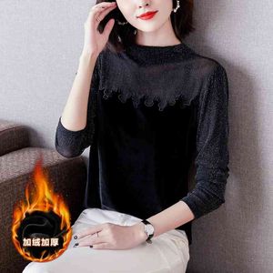 Blusa Spring High-collar Velvet Stitching Mesh Chiffon Shirt Women Top Sexy black blouse Blouse shirt 902A 210420