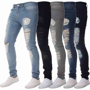 Erkekler Kot Yırtık Delik Slim Fit Rahat Erkek STEET Giyim Sıkıntılı Kalem Pantolon Siyah Açık Mavi Denim Pantolon Tam Boy Pantolon 210723