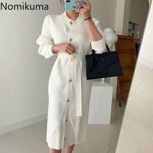 Nomikuma Elegant Mid Calf Dress Korean Chic Autumn Knitted Dresses Women Solid Color Single Breasted Vestidos Sash Lace Up 3d303 210514